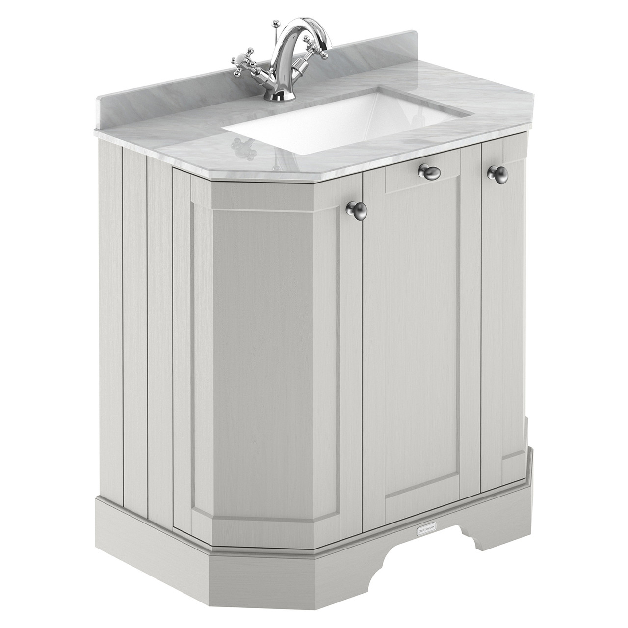 Old London Woodgrain Angled 2 Door Vanity Unit with Grey Marble Countertop and Square Ceramic Basin