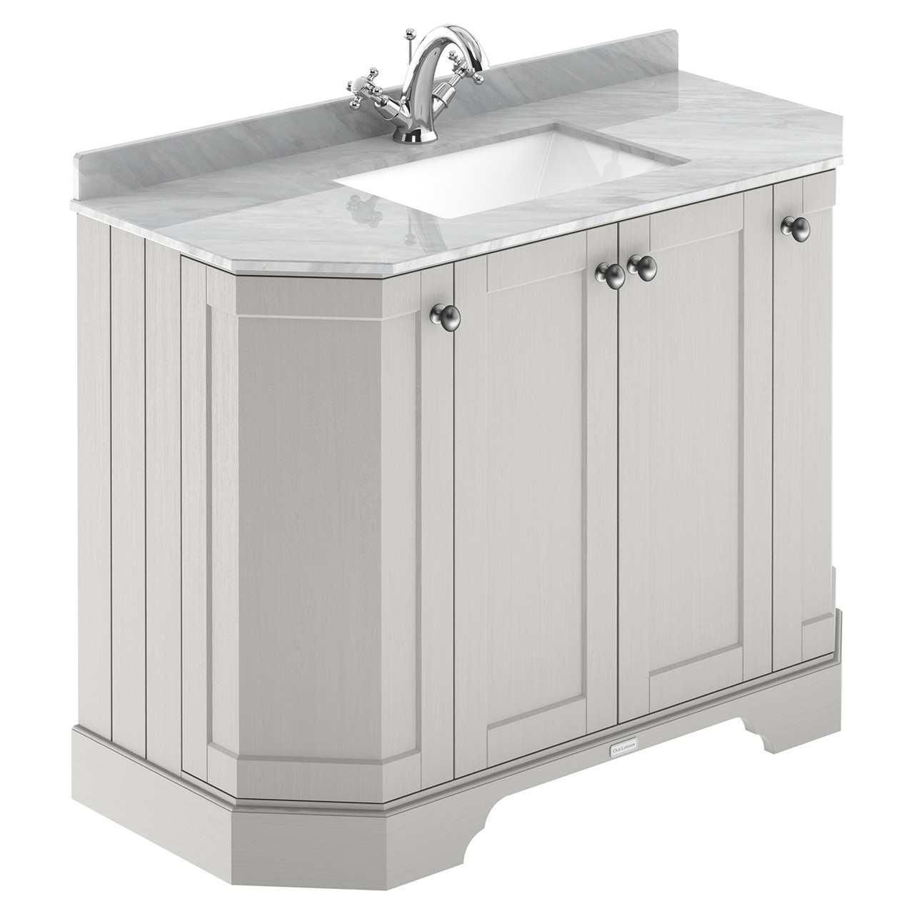 Old London Woodgrain Angled 4 Door Vanity Unit with Grey Marble Countertop and Square Ceramic Basin