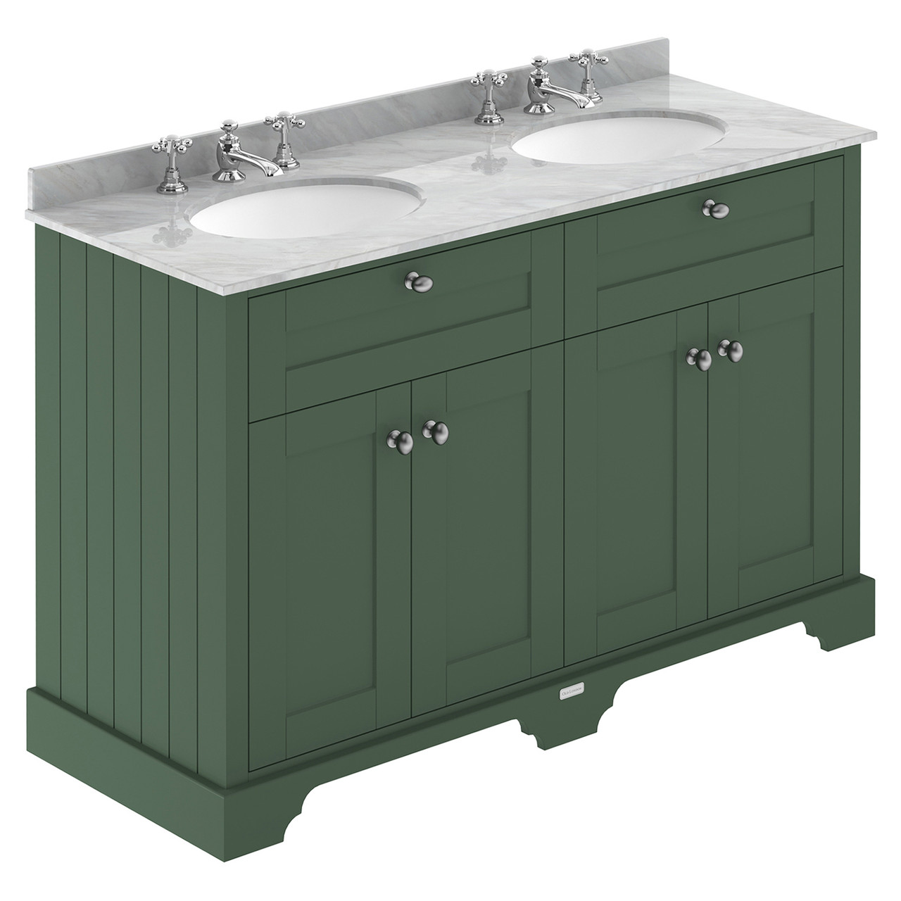 Old London Matt 4 Door Vanity Unit with Grey Marble Countertop and 2 Round Ceramic 3 Tap Hole Basins