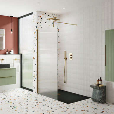 Hudson Reed Brushed Brass Fluted Wetroom Shower Screen With Support Bar | | Glass/Aluminium | 1000Mm X 1950Mm