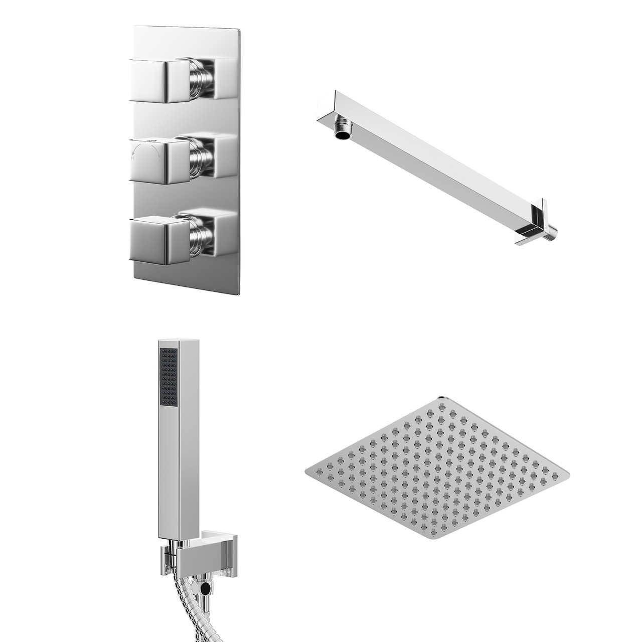 Cubix Polished Triple Thermostatic Valve Mixer Shower with Thin Square Fixed Head and Square Handset Outlet Holder