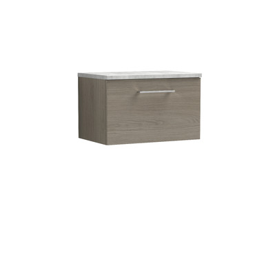 Nuie Solace Oak Arno Woodgrain Wall Hung Single Drawer Vanity Unit With Bellato Grey Worktop | | Mdf | 600Mm