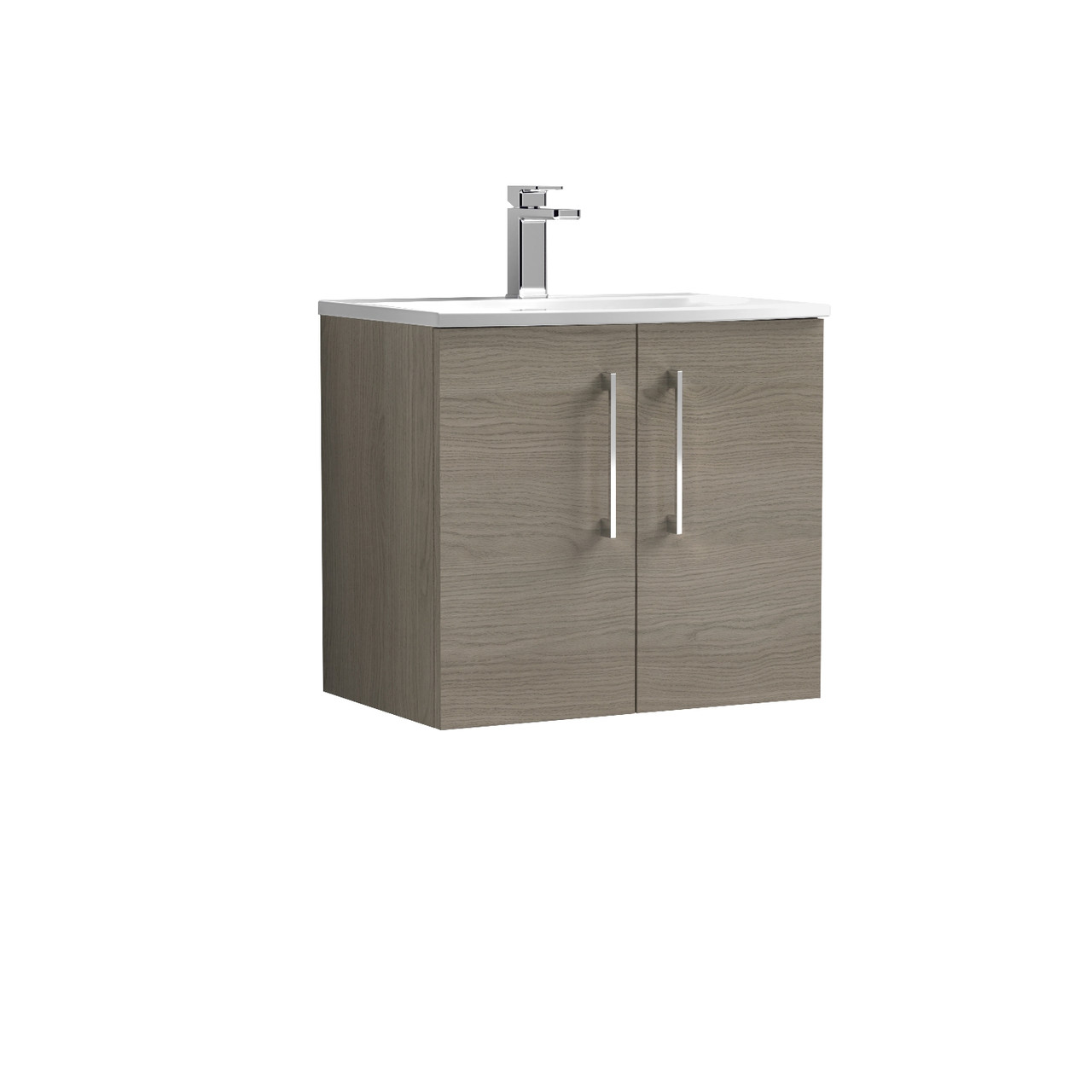 Nuie Arno Woodgrain Wall Hung 2 Door Vanity Unit and Curved Ceramic Basin