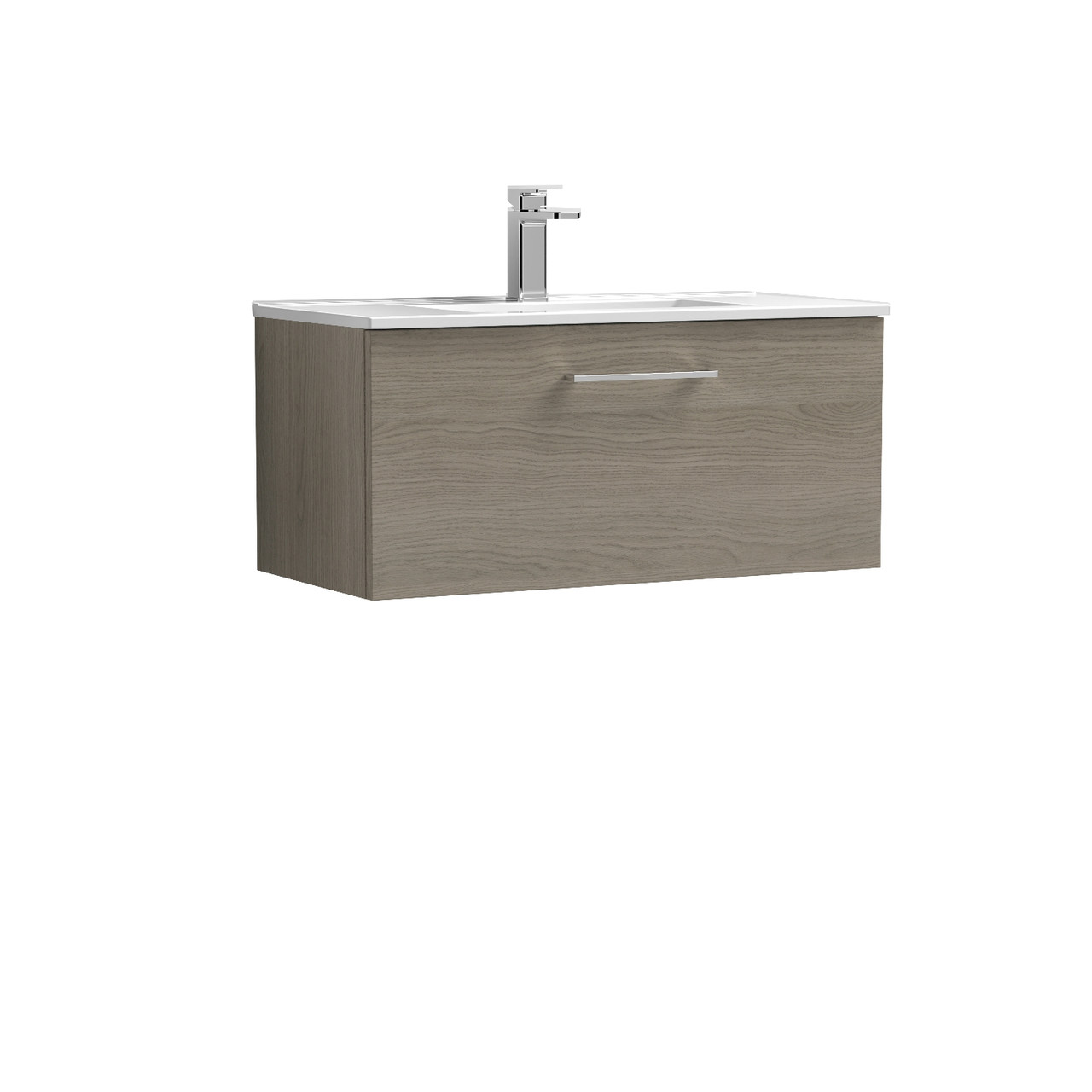 Nuie Arno Woodgrain Wall Hung Single Drawer Vanity Unit and Minimalist Ceramic Basin