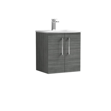 Nuie Anthracite Arno Woodgrain Wall Hung 2 Door Vanity Unit And Curved Ceramic Basin | | Mfc | 500Mm