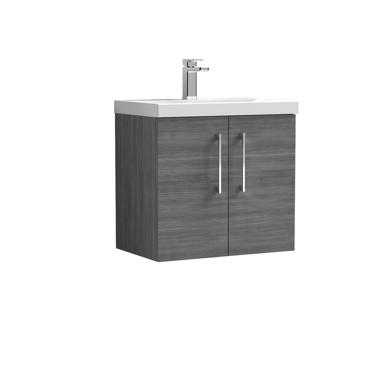 Nuie Arno Woodgrain Wall Hung 2 Door Vanity Unit and Thin Edge Ceramic Basin