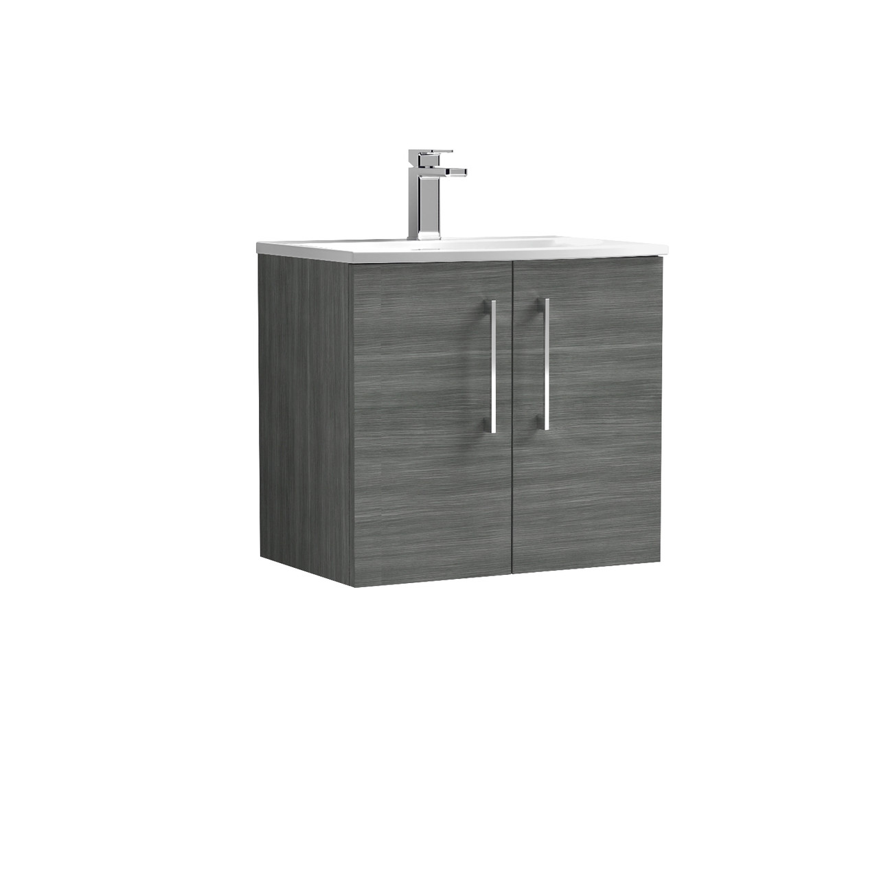 Nuie Arno Woodgrain Wall Hung 2 Door Vanity Unit and Curved Ceramic Basin