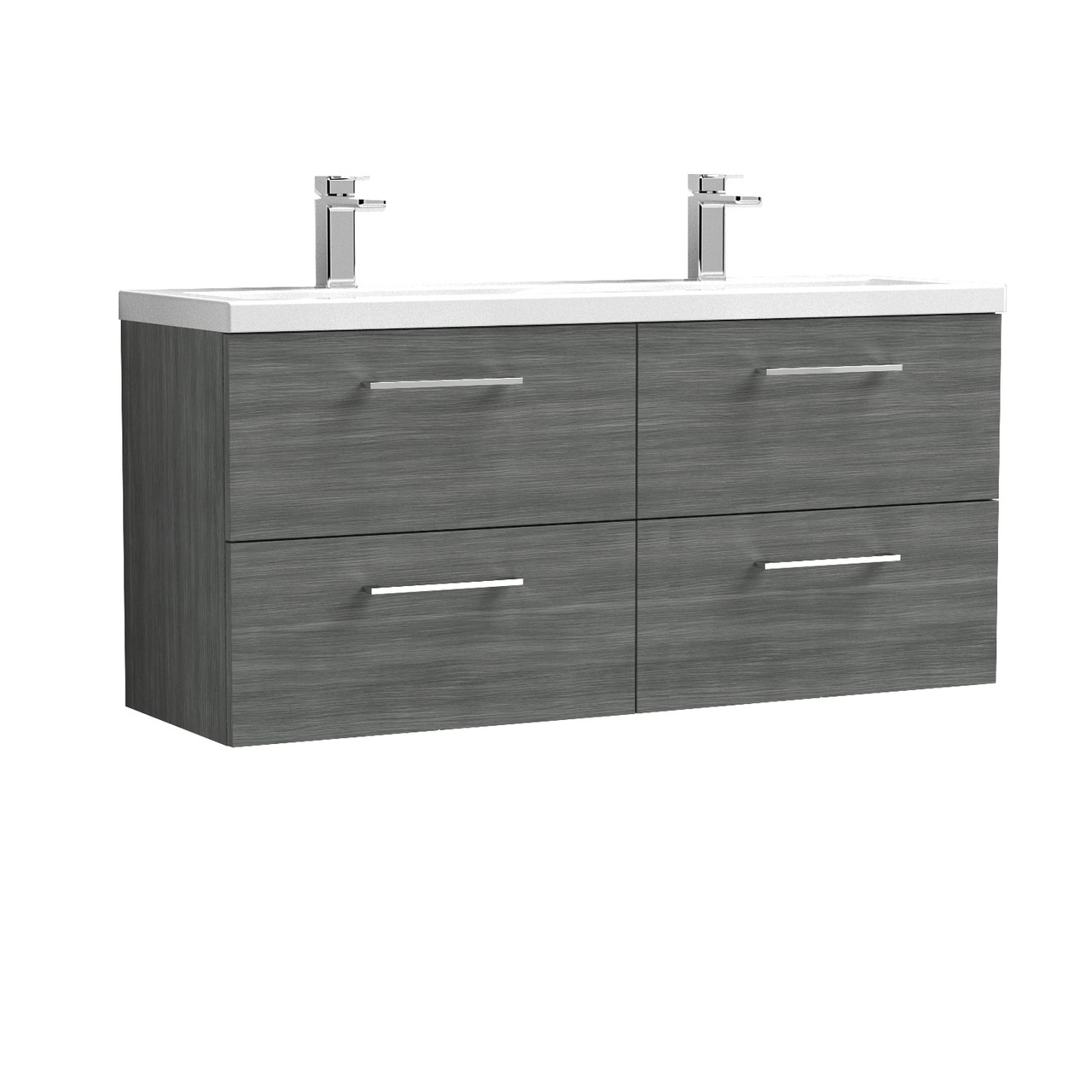 Nuie Arno Woodgrain Wall Hung 4 Drawer Vanity Unit with Double Ceramic Basins