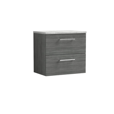 Nuie Anthracite Arno Woodgrain Wall Hung 2 Drawer Vanity Unit With Bellato Grey Worktop | | Mdf | 600Mm
