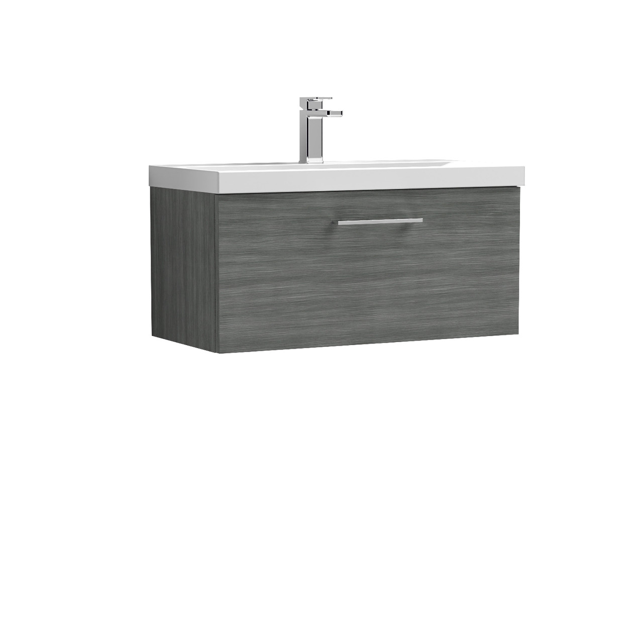 Nuie Arno Woodgrain Wall Hung Single Drawer Vanity Unit and Thin Edge Ceramic Basin