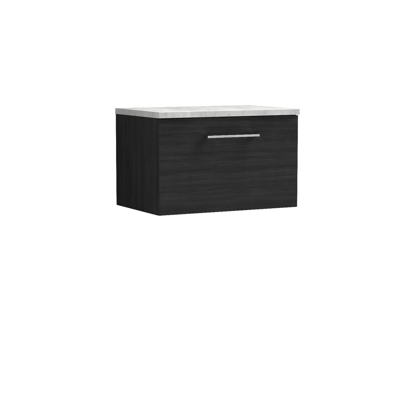 Nuie Charcoal Black Arno Woodgrain Wall Hung Single Drawer Vanity Unit With Bellato Grey Worktop | | Mdf | 600Mm