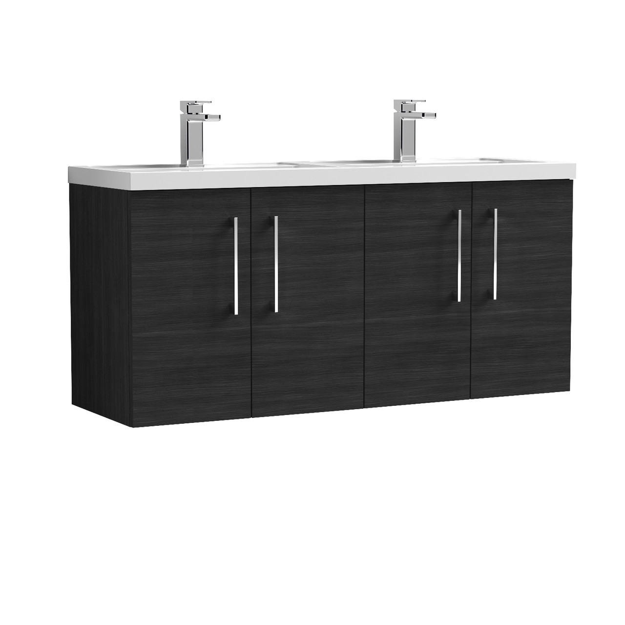 Nuie Arno Woodgrain Wall Hung 4 Door Vanity Unit and Double Polymarble Basins