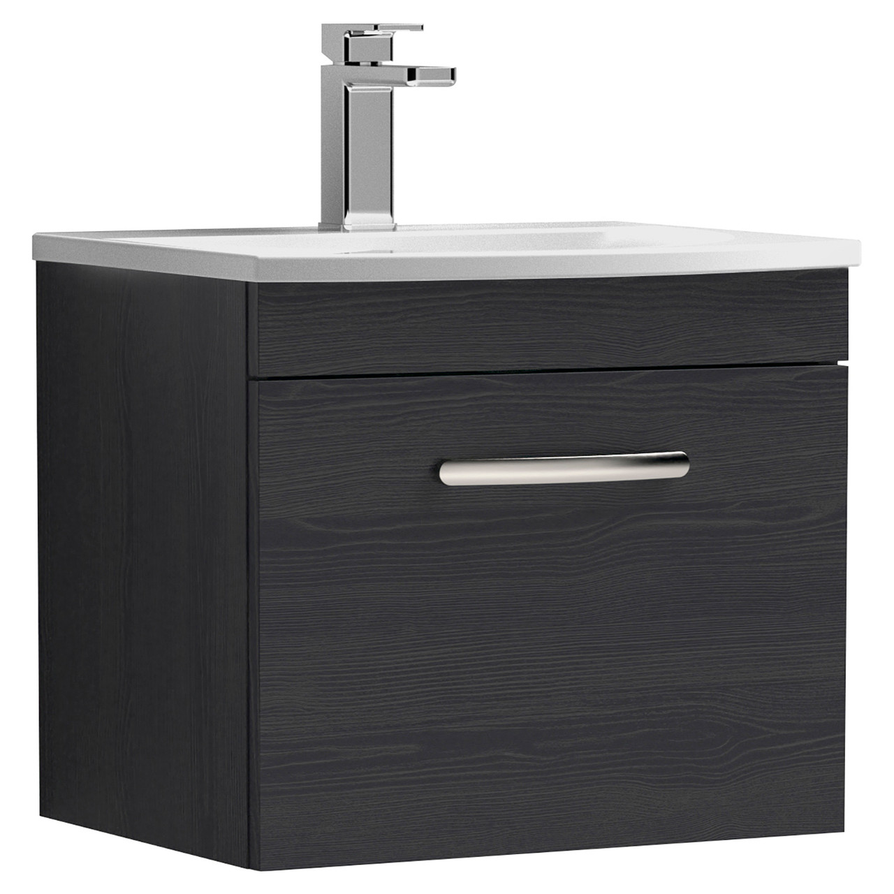 Nuie Athena Woodgrain Wall Hung Single Drawer Vanity Unit and Curved Ceramic Basin