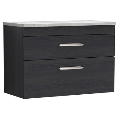 Nuie Charcoal Black Athena Woodgrain Wall Hung 2 Drawer Vanity Unit With Bellato Grey Worktop | | Mdf | 800Mm
