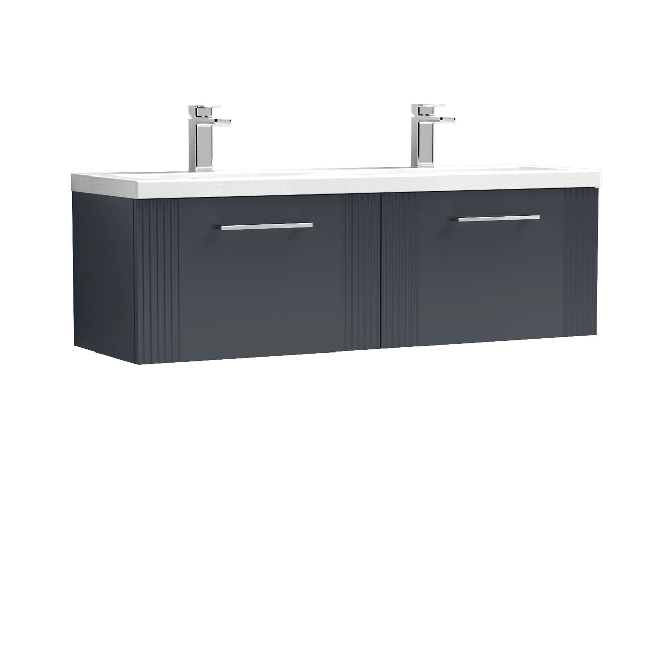Nuie Deco Satin Wall Hung 2 Drawer Vanity Unit and Double Ceramic Basins