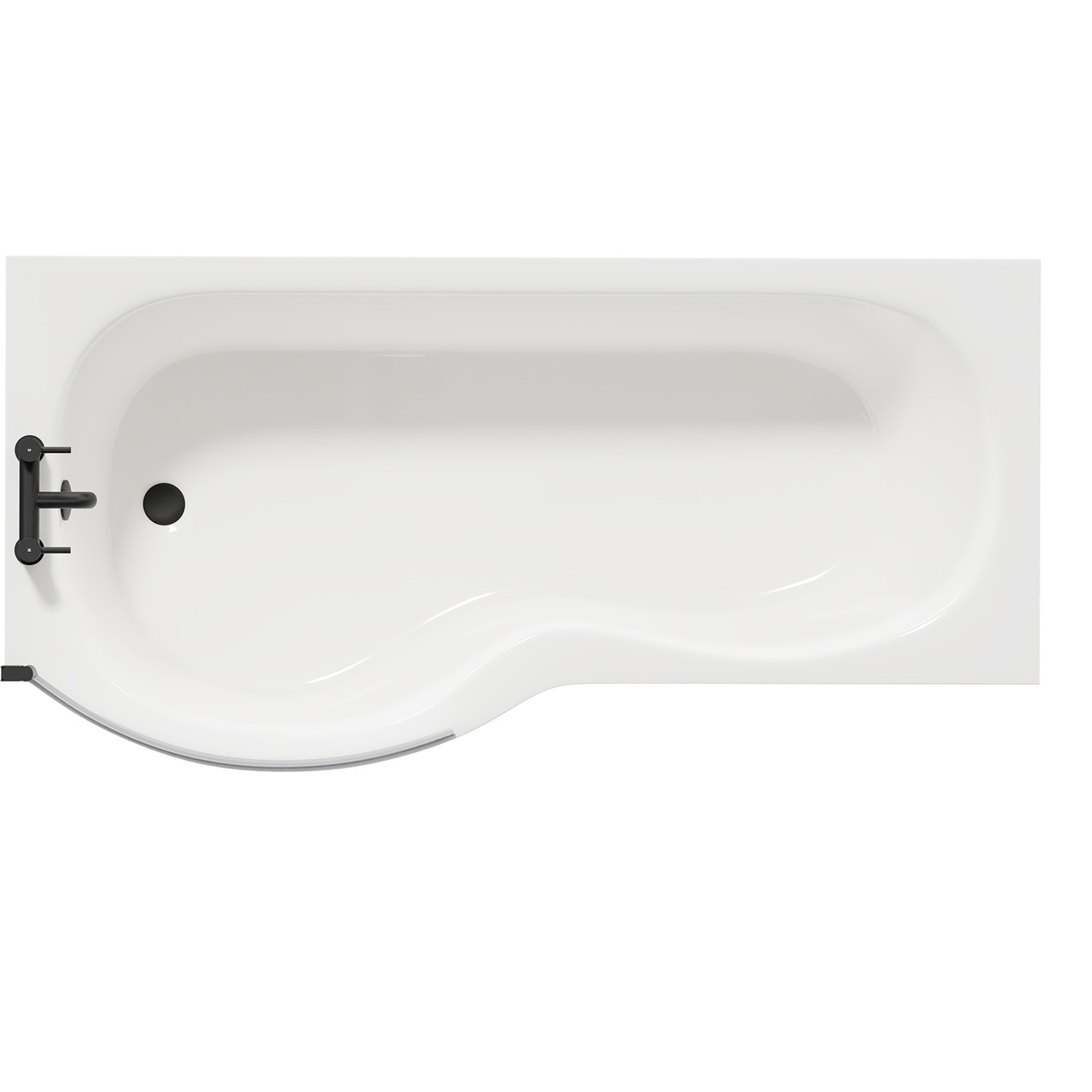 Plage Left Hand P Shaped Shower Bath with Matt Black Bath Screen and Acrylic Front Bath Panel