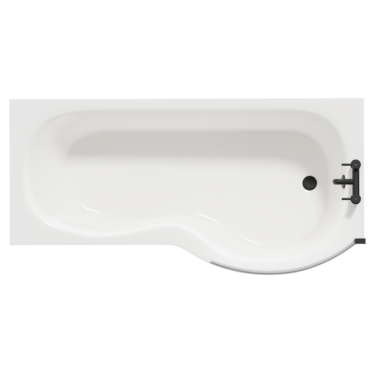 Plage Right Hand P Shaped Shower Bath with Matt Black Bath Screen and Acrylic Front Bath Panel