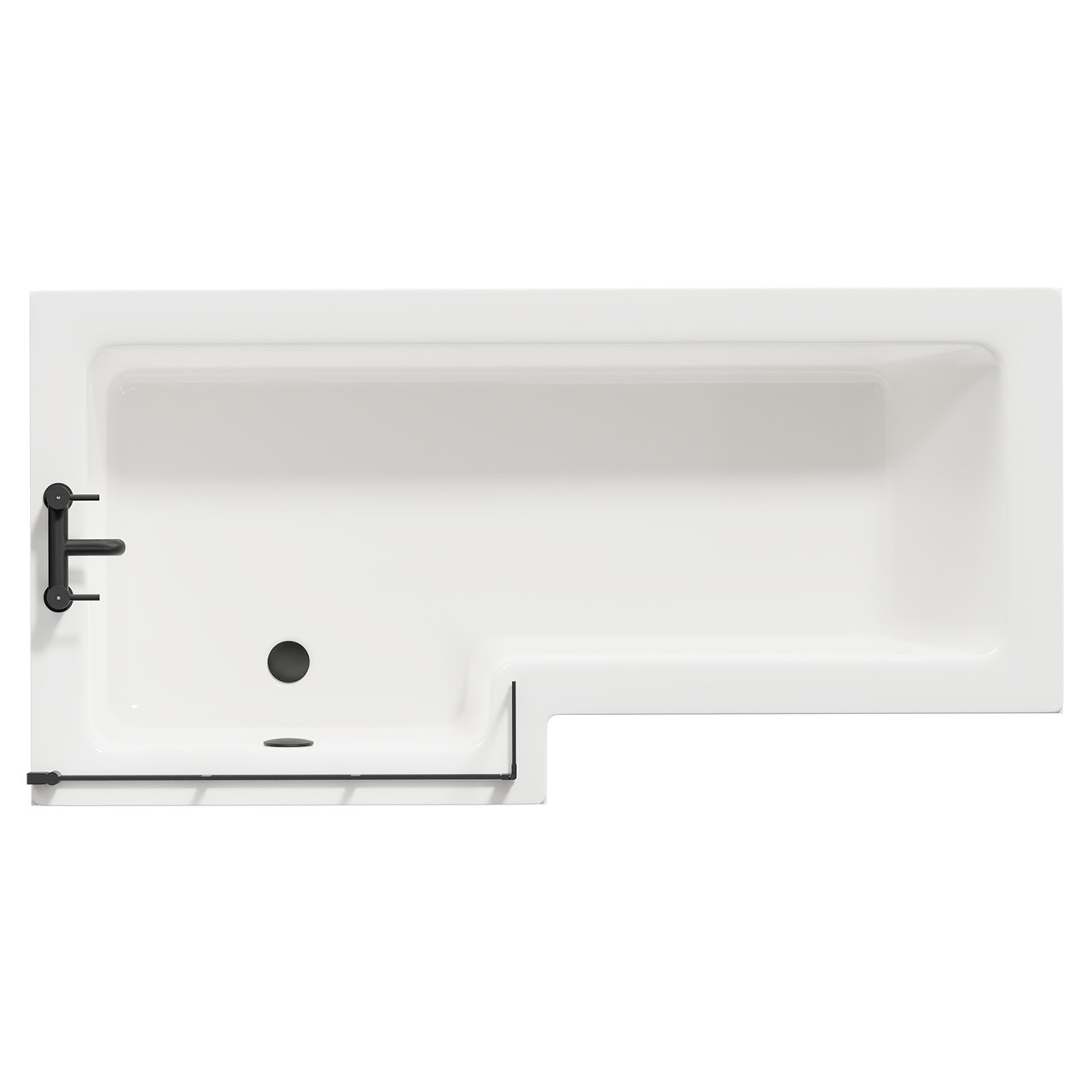 Loire Left Hand L Shaped Shower Bath with Matt Black Bath Screen and Front and End Bath Panel