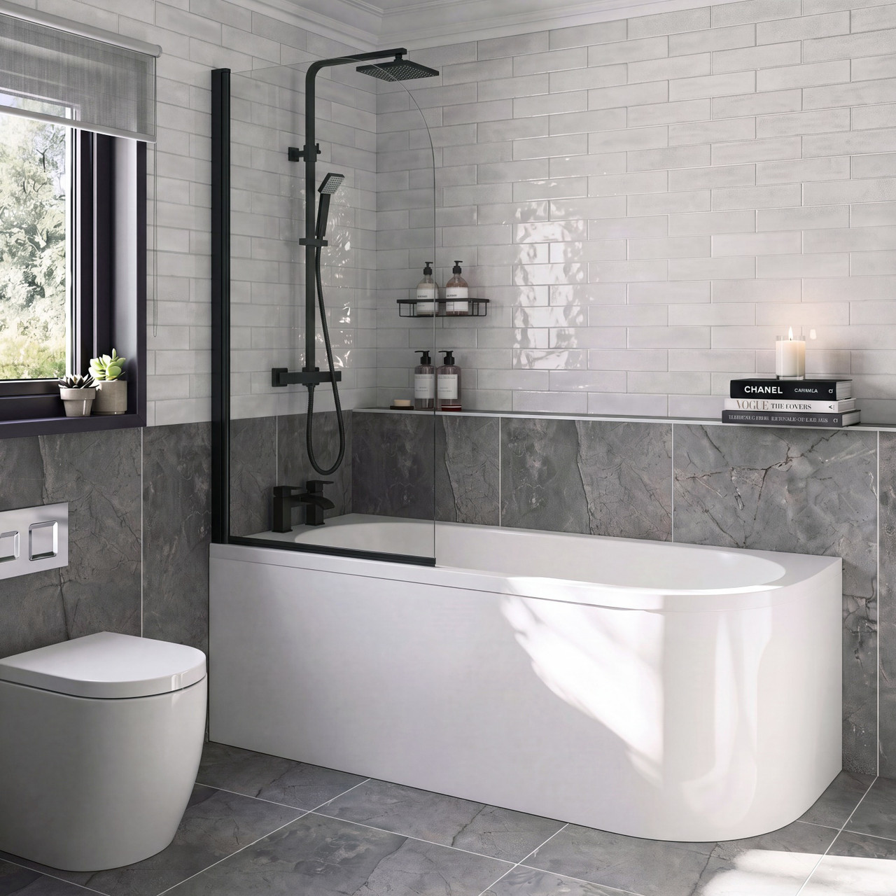 Arc Left Hand Curved Shower Bath with Matt Black Bath Screen and Acrylic Front Bath Panel