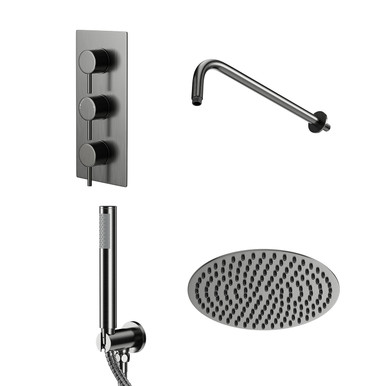 Colore Gunmetal Grey Round Concealed Triple Thermostatic Valve Mixer Shower Including Fixed Shower Head | | Stainless Steel | 200Mm