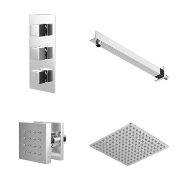 Wholesale Domestic Chrome Cubix Polished Concealed Triple Thermostatic Valve Mixer Shower With Square Fixed Head And Body Jets | | Stainless Steel | 120Mm X 280Mm X 345Mm
