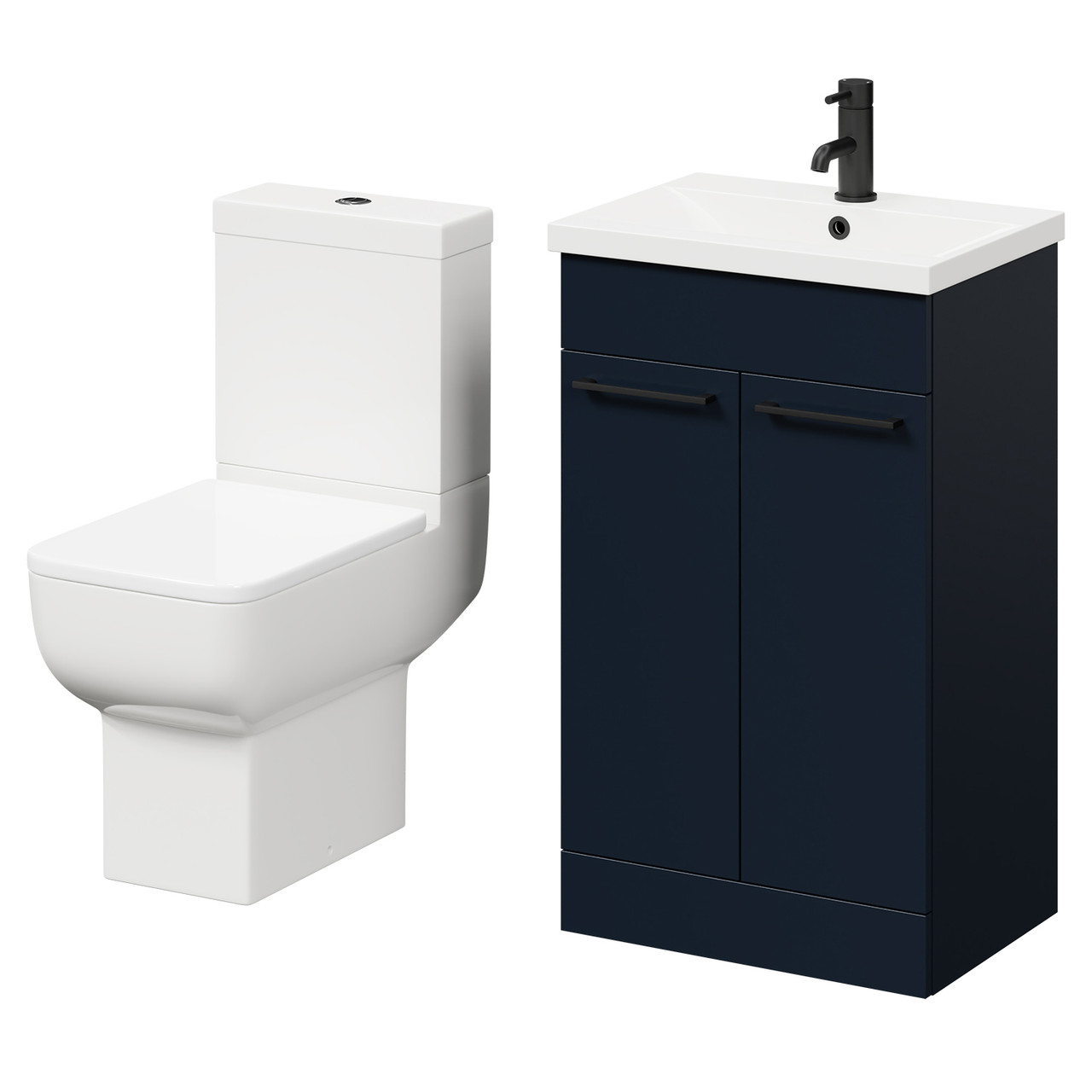 Alessio Vanity Unit and Toilet Suite including Open Back Toilet and Floor Standing Vanity Unit with 2 Doors and Matt Black Handles