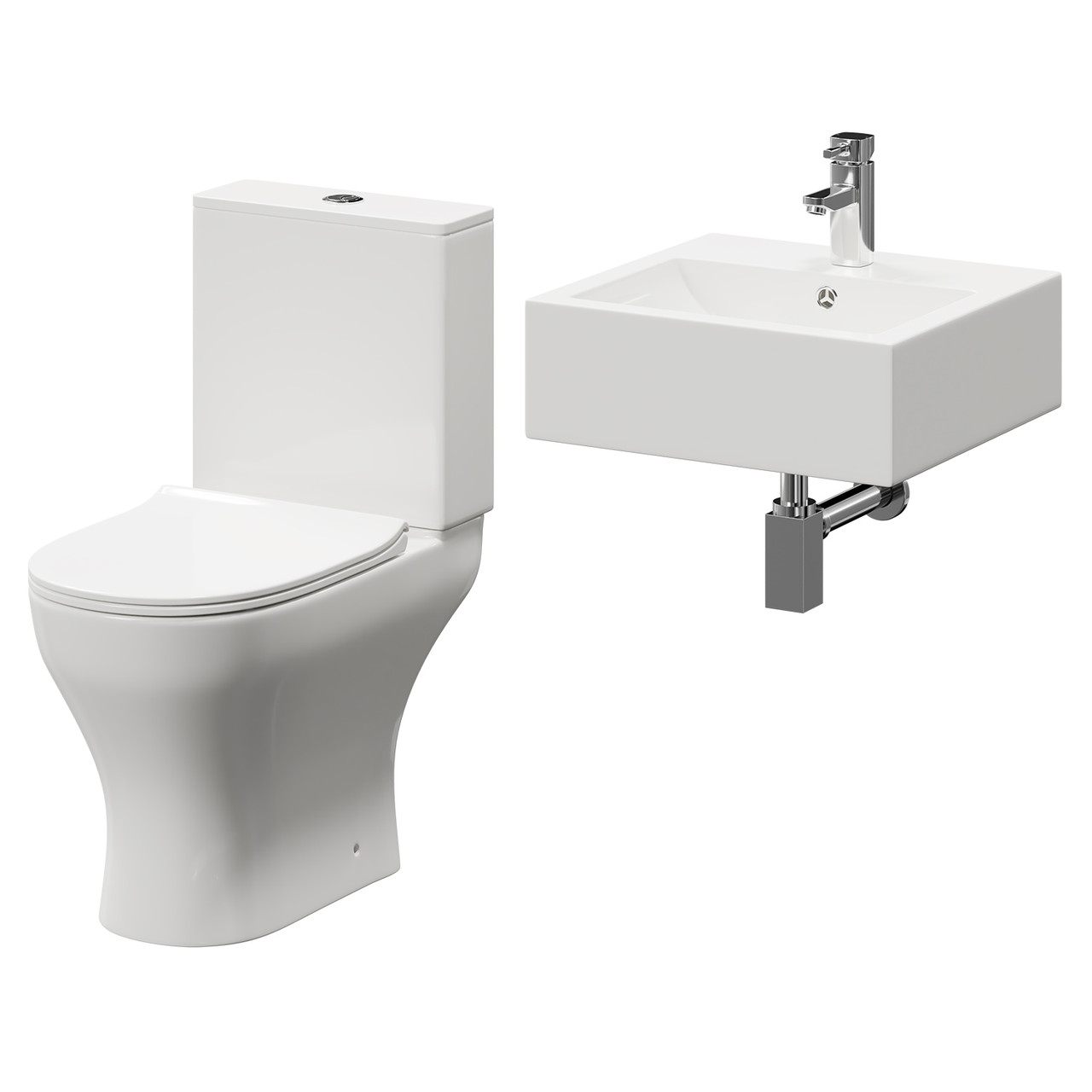 Elvas Wall Hung Basin and Toilet Suite including Square Polished Chrome Bottle Trap and Open Back Toilet