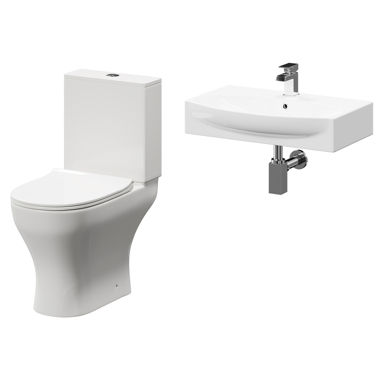 Cambra Wall Hung Basin and Toilet Suite including Square Polished Chrome Bottle Trap and Open Back Toilet