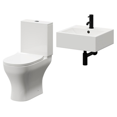 Wholesale Domestic White Elvas Wall Hung Basin And Toilet Suite Including Round Matt Black Bottle Trap And Open Back Toilet | | Ceramic | 470Mm