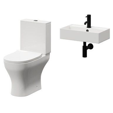 Wholesale Domestic White Tomar Wall Hung Basin And Toilet Suite Including Round Matt Black Bottle Trap And Open Back Toilet | | Ceramic | 505Mm