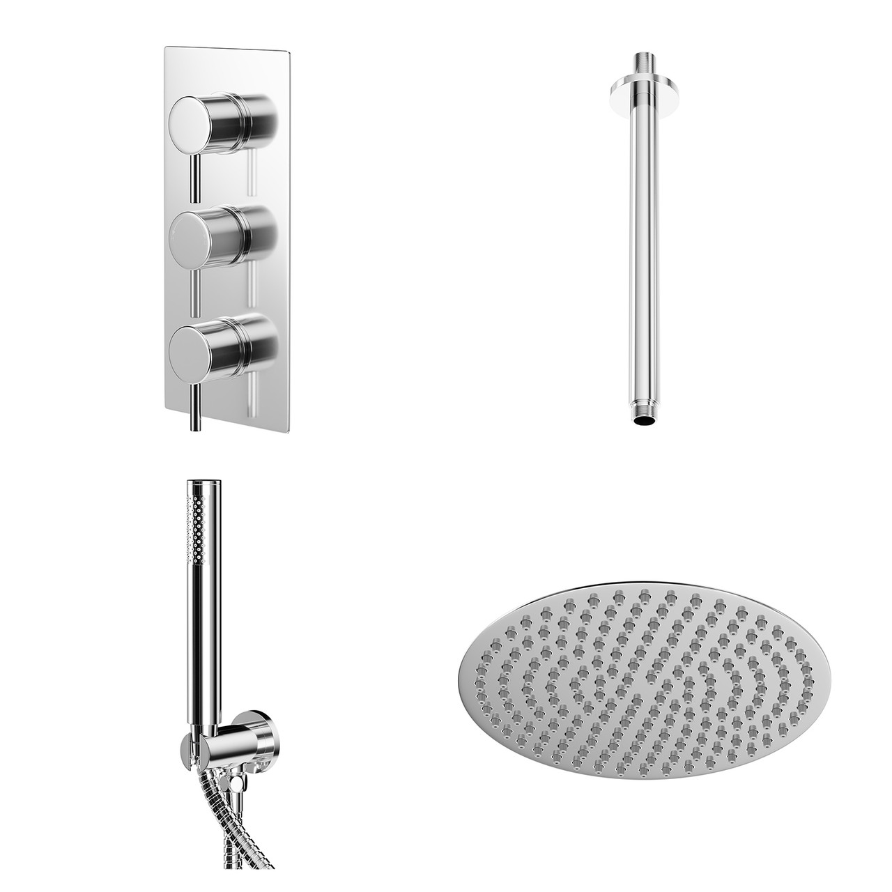 Circo Polished Triple Thermostatic Shower Valve and Thin Round Fixed Head with Ceiling Arm and Round Handset Outlet Holder