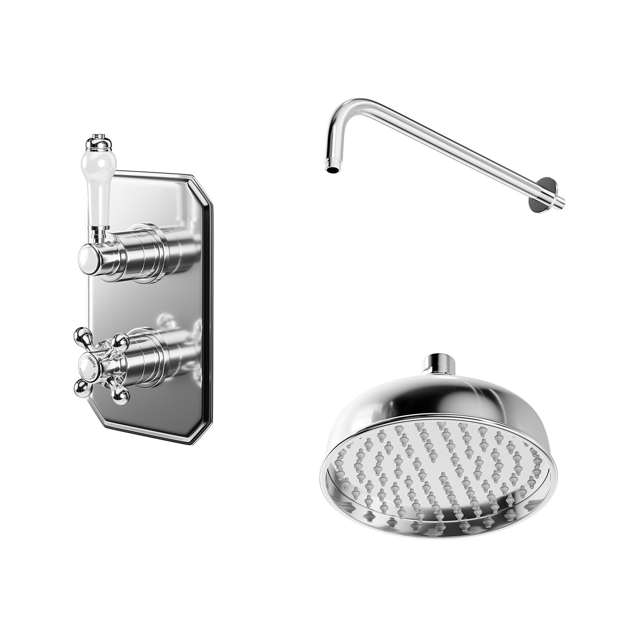 Windsor Traditional Polished Concealed Twin Thermostatic Shower Valve and Round Fixed Head with Wall Arm