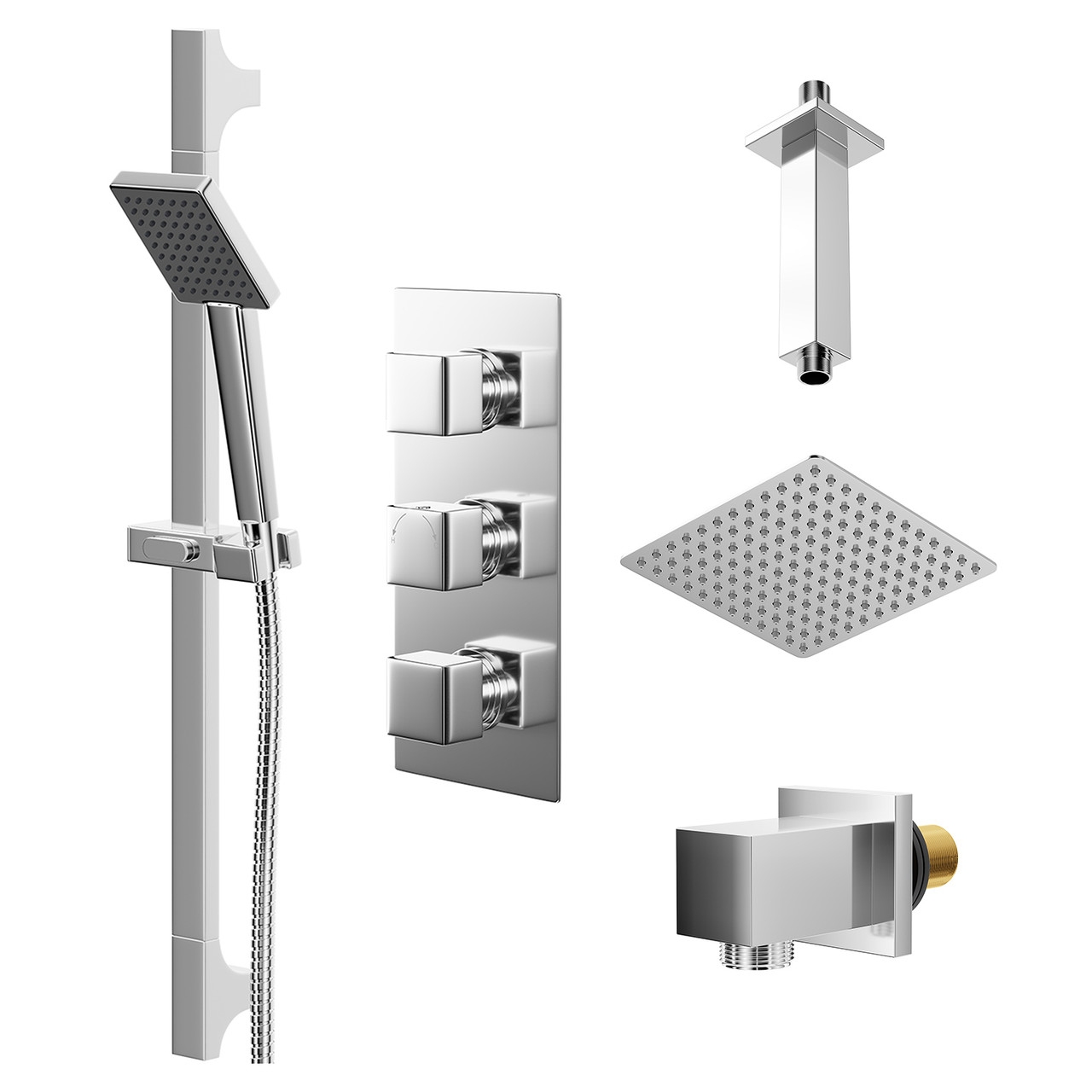 Cubix Polished Triple Thermostatic Shower Valve and Thin Square Fixed Head