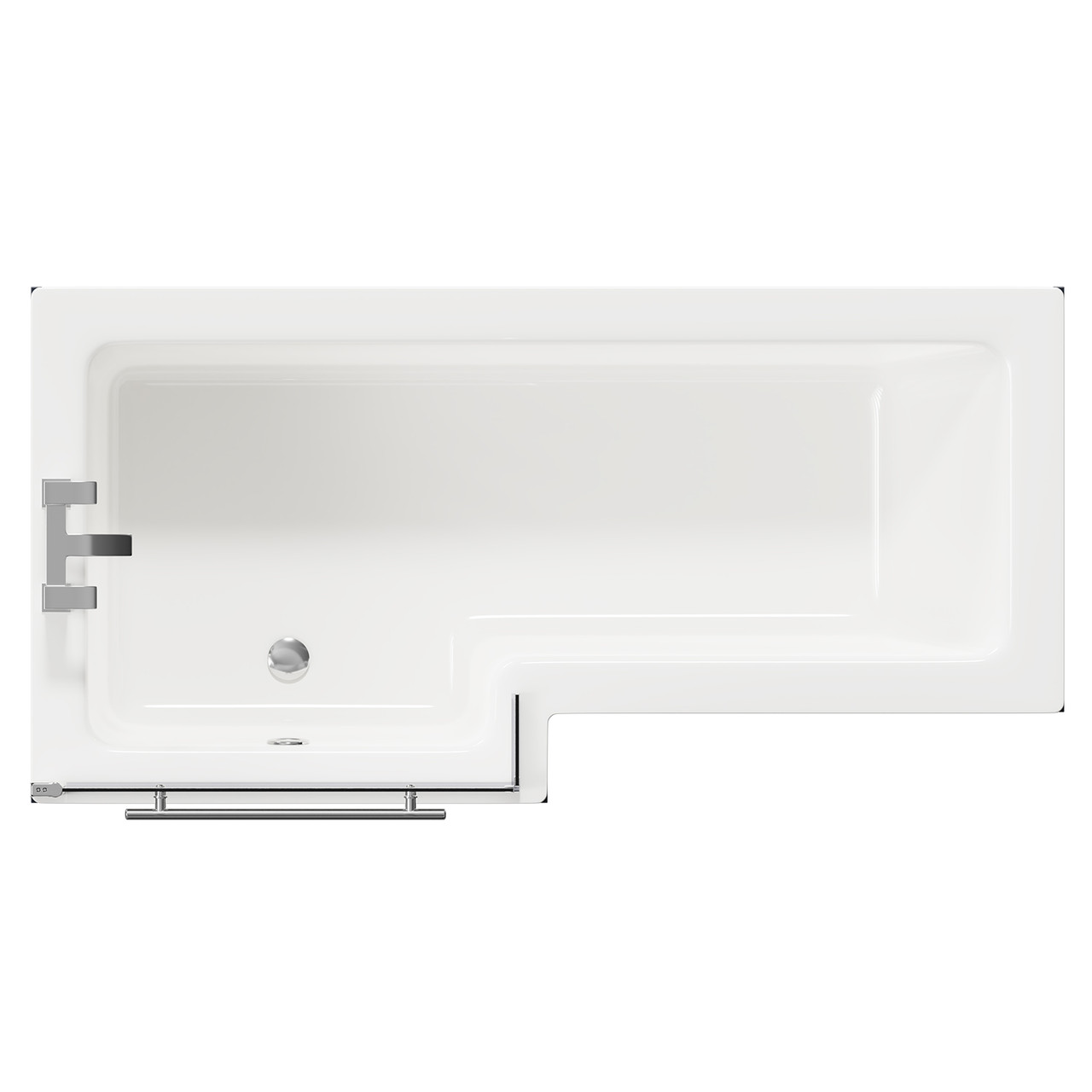 Loire Left Hand L Shaped Shower Bath with Polished Chrome Towel Rail Bath Screen and Deep Blue Front and End Bath Panels