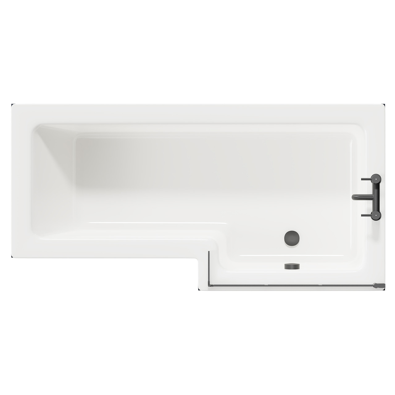 Loire Right Hand L Shaped Shower Bath with Matt Black Bath Screen and Deep Blue Front and End Bath Panels