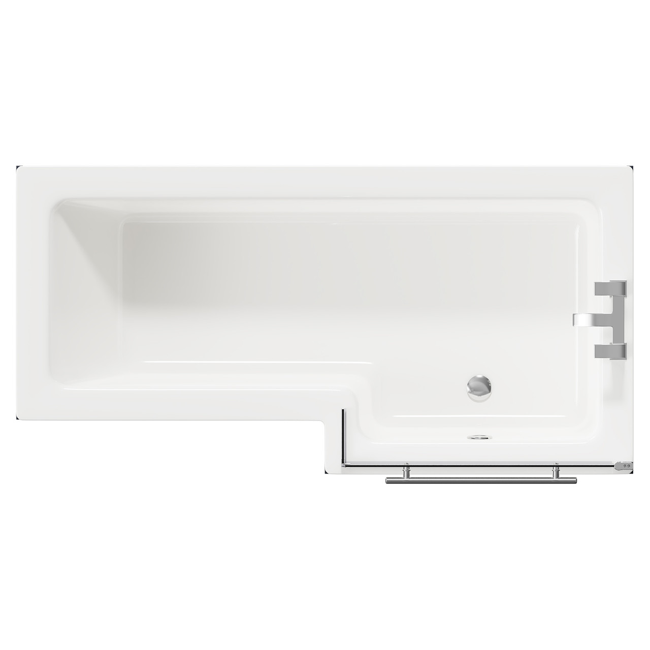 Loire Right Hand L Shaped Shower Bath with Polished Chrome Towel Rail Bath Screen and Deep Blue Front and End Bath Panels