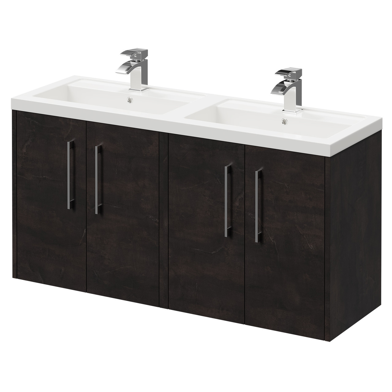 Horizon Wall Mounted Vanity Unit with Polymarble Double Basin and 4 Doors with Polished Chrome Handles
