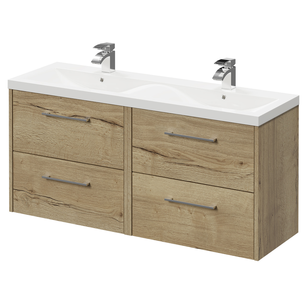 Horizon Wall Mounted Vanity Unit with Ceramic Double Basin and 4 Drawers with Polished Chrome Handles