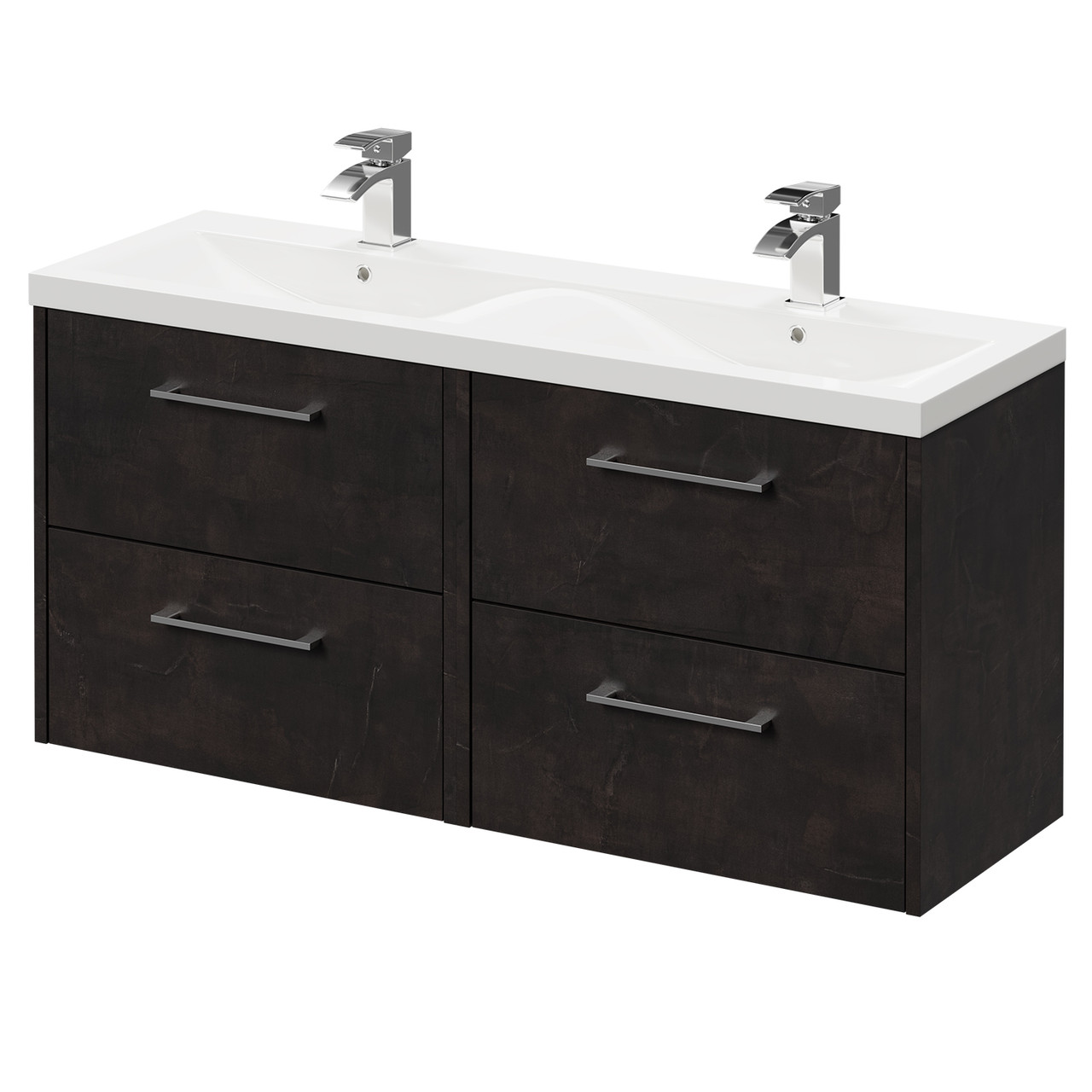 Horizon Wall Mounted Vanity Unit with Ceramic Double Basin and 4 Drawers with Polished Chrome Handles