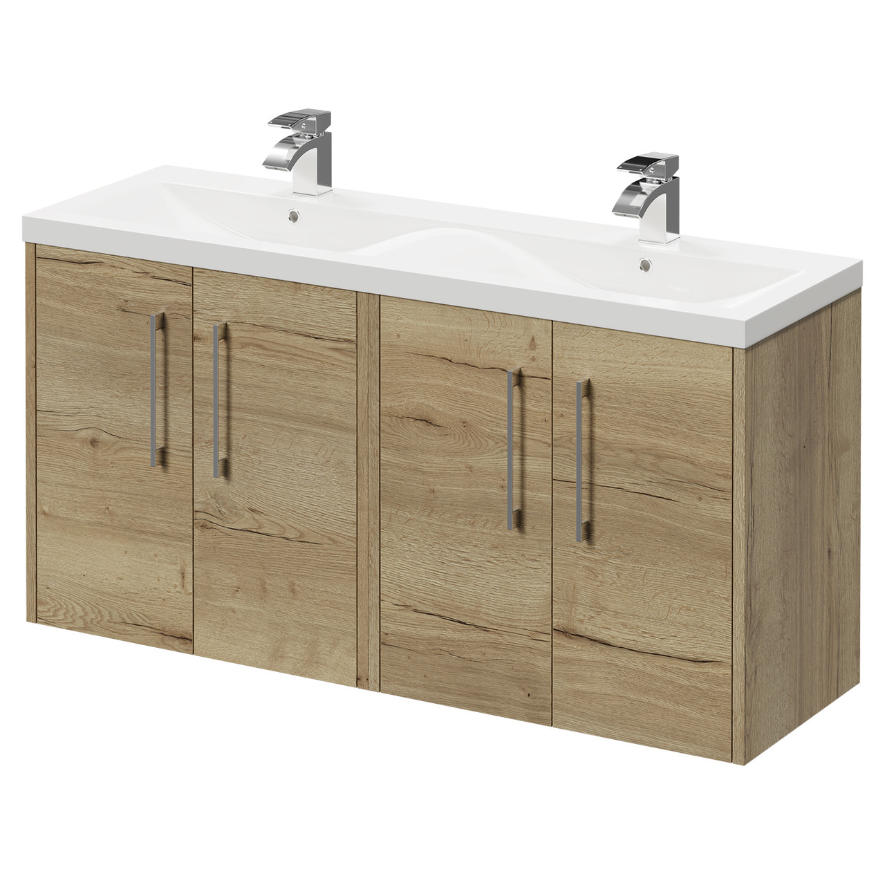 Horizon Wall Mounted Vanity Unit with Ceramic Double Basin and 4 Doors with Polished Chrome Handles