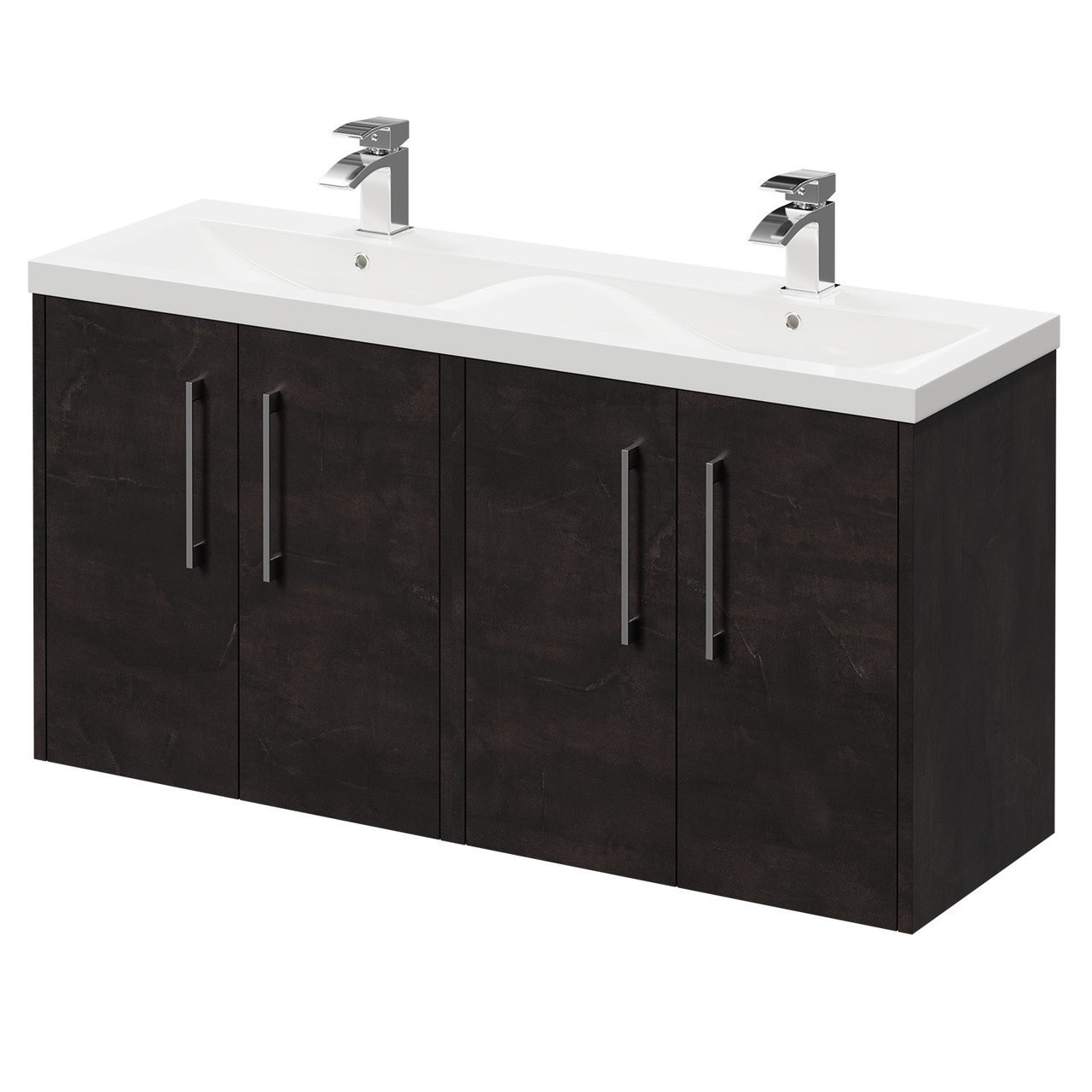 Horizon Wall Mounted Vanity Unit with Ceramic Double Basin and 4 Doors with Polished Chrome Handles