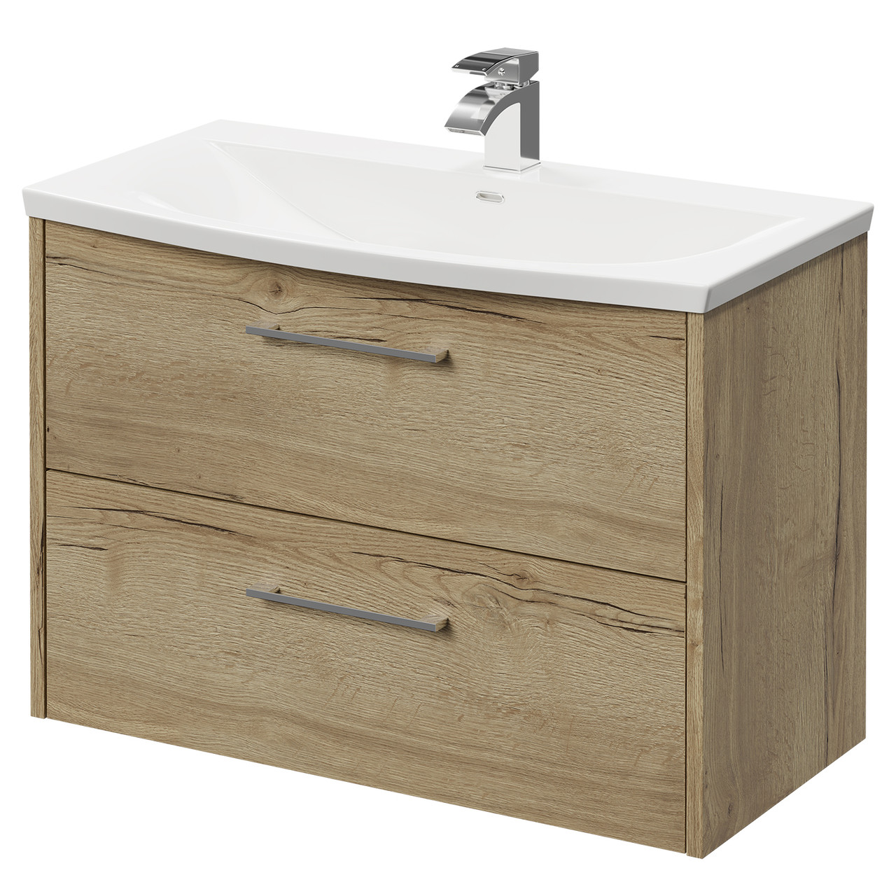 Horizon Wall Mounted Vanity Unit with 1 Tap Hole Curved Basin and 2 Drawers with Polished Chrome Handles