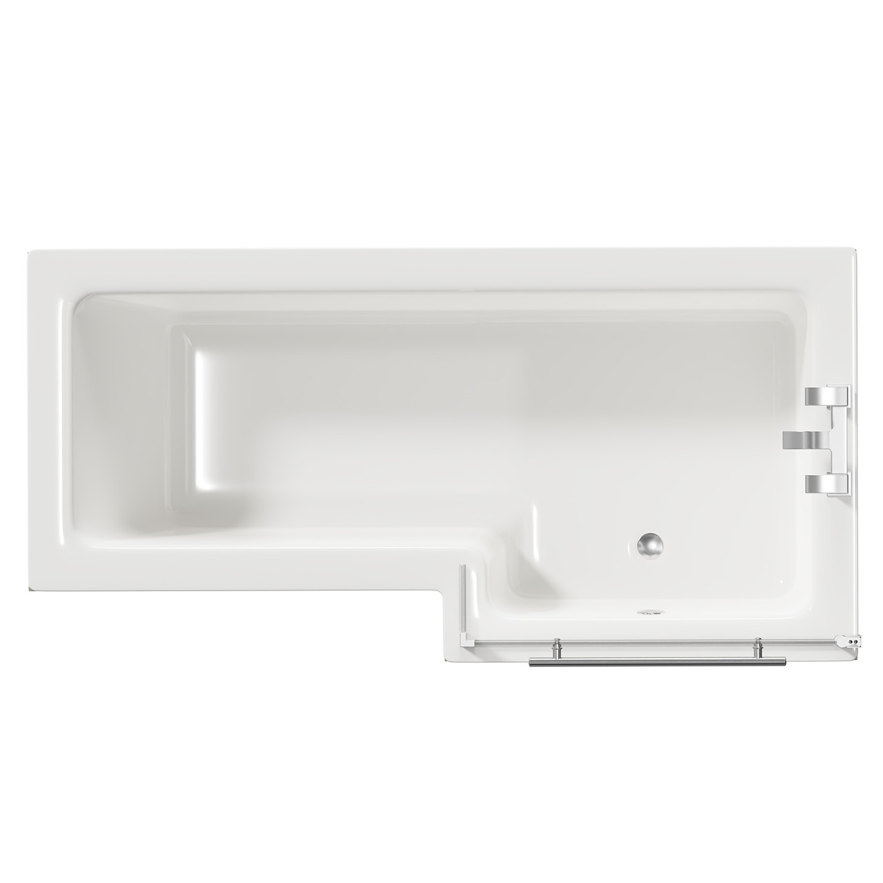 Loire Right Hand L Shaped Shower Bath with Polished Chrome Towel Rail Bath Screen and Olive Green Front and End Bath Panels