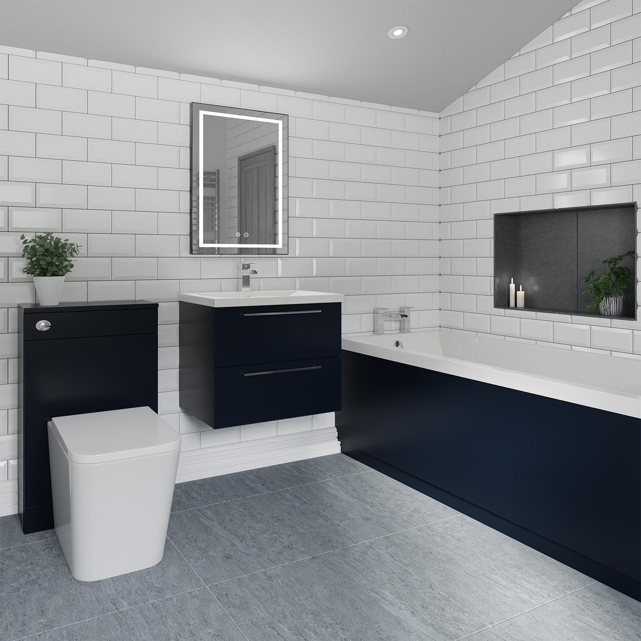 Stockwell Straight Single Ended Bathroom Suite including Furniture Set with Polished Chrome Handles