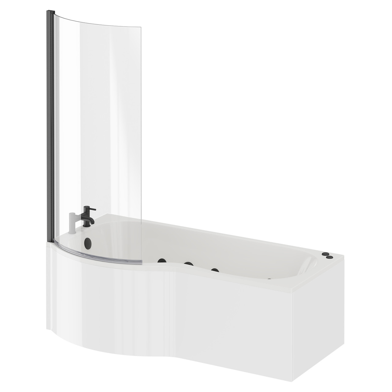 Plage 6 Jet Matt Black V-Tec Left Hand P Shaped Whirlpool Shower Bath with Bath Screen and Front Bath Panel