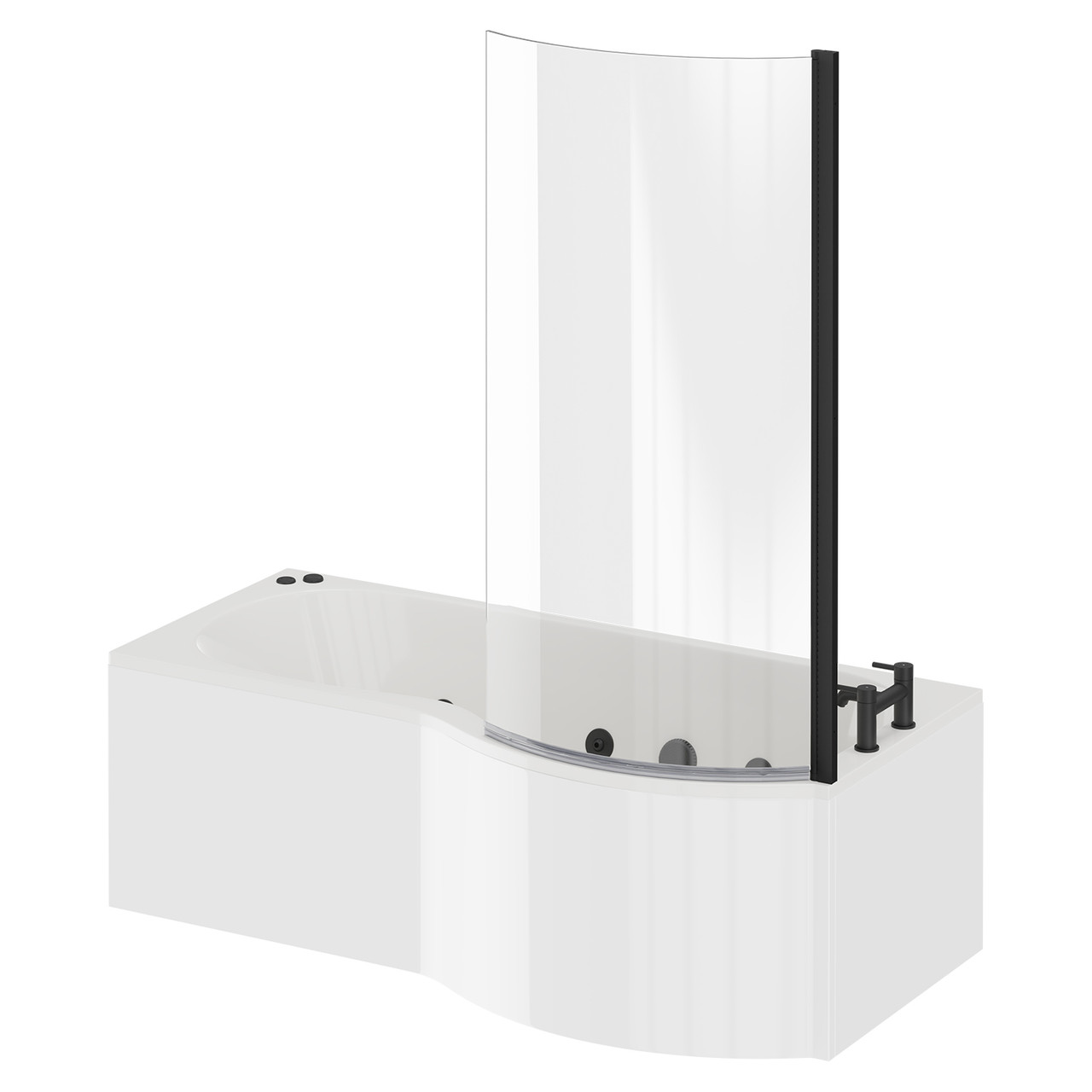 Plage 6 Jet Matt Black V-Tec Right Hand P Shaped Whirlpool Shower Bath with Bath Screen and Front Bath Panel