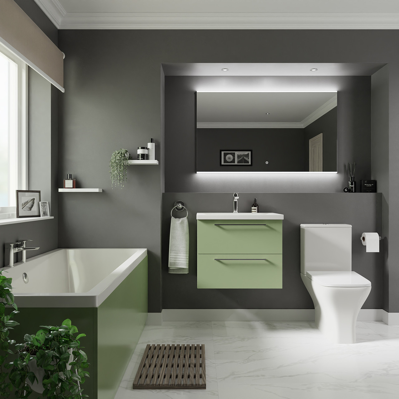 Camden Straight Double Ended Bathroom Suite including Vanity Unit with Polished Chrome Handles