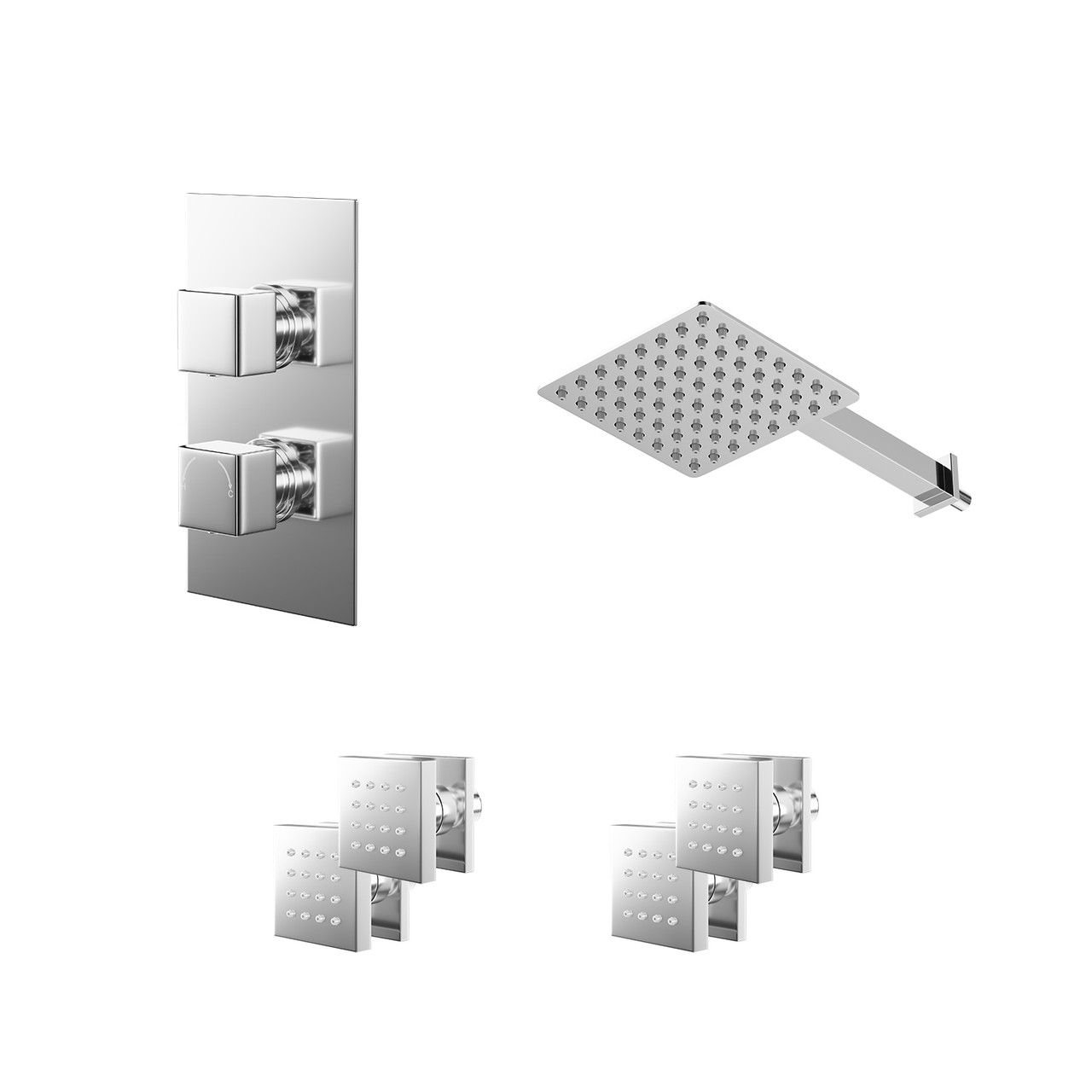 Cubix Polished Concealed Twin Thermostatic Shower Valve with Diverter and Square Head with 345mm Wall Arm and 4 Body Jets