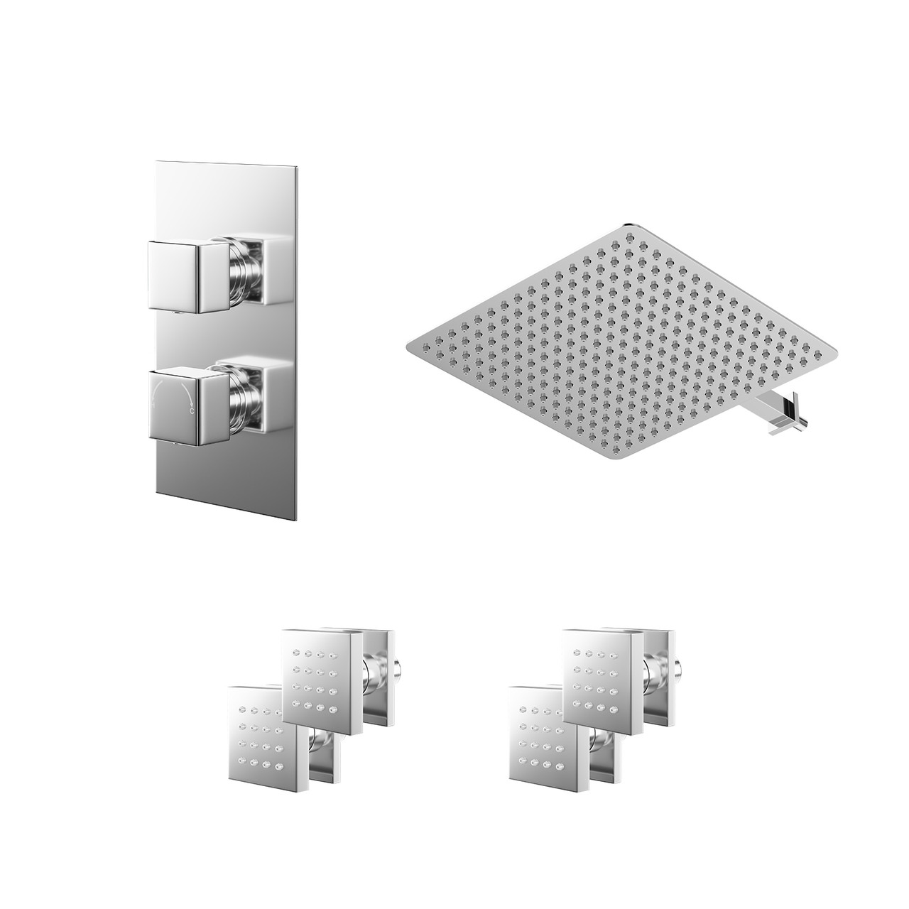 Cubix Polished Concealed Twin Thermostatic Shower Valve with Diverter and Square Head with 345mm Wall Arm and 4 Body Jets