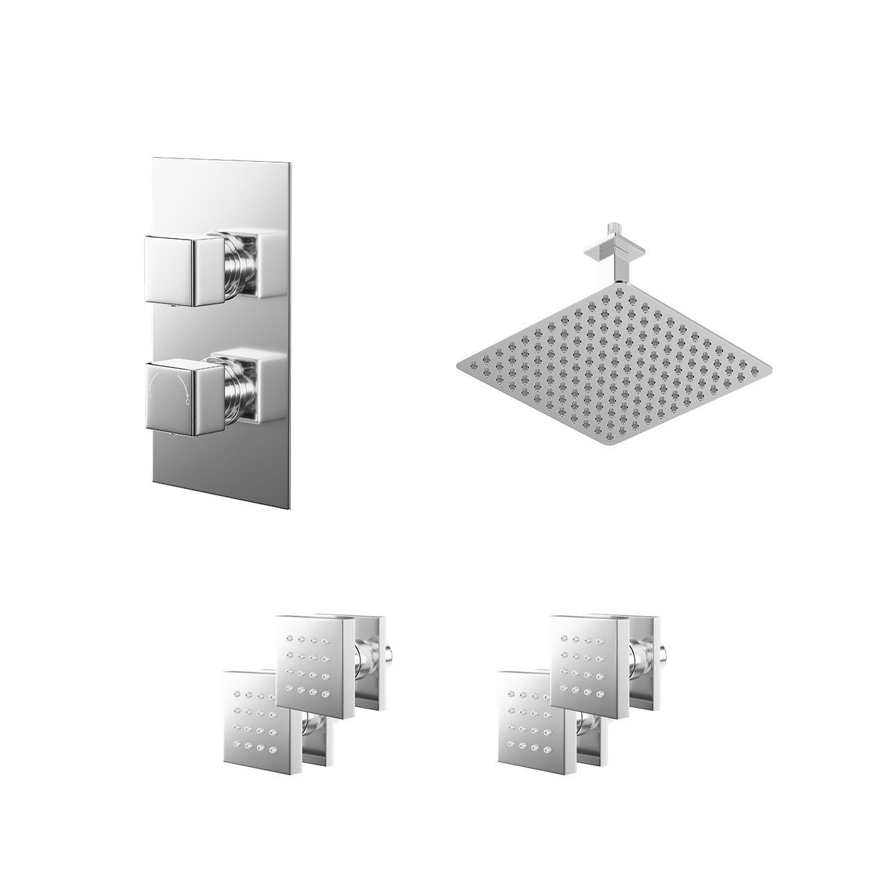 Cubix Polished Concealed Twin Thermostatic Shower Valve with Diverter and Square Head with 150mm Ceiling Arm and 4 Body Jets